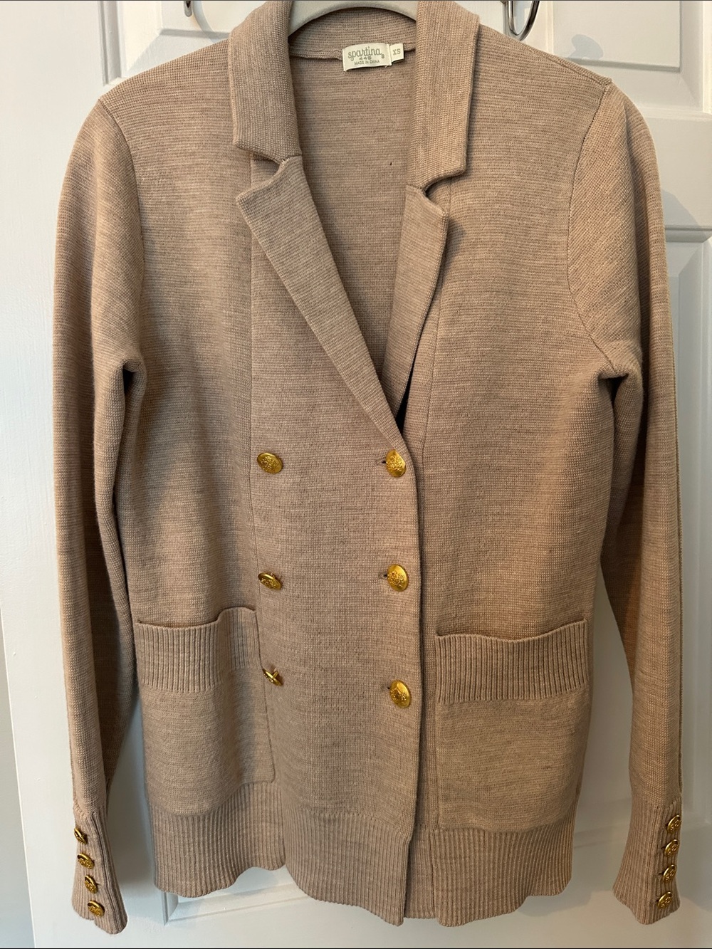 Spartina 449 Taupe Knit Double-Breasted Blazer with Gold Buttons